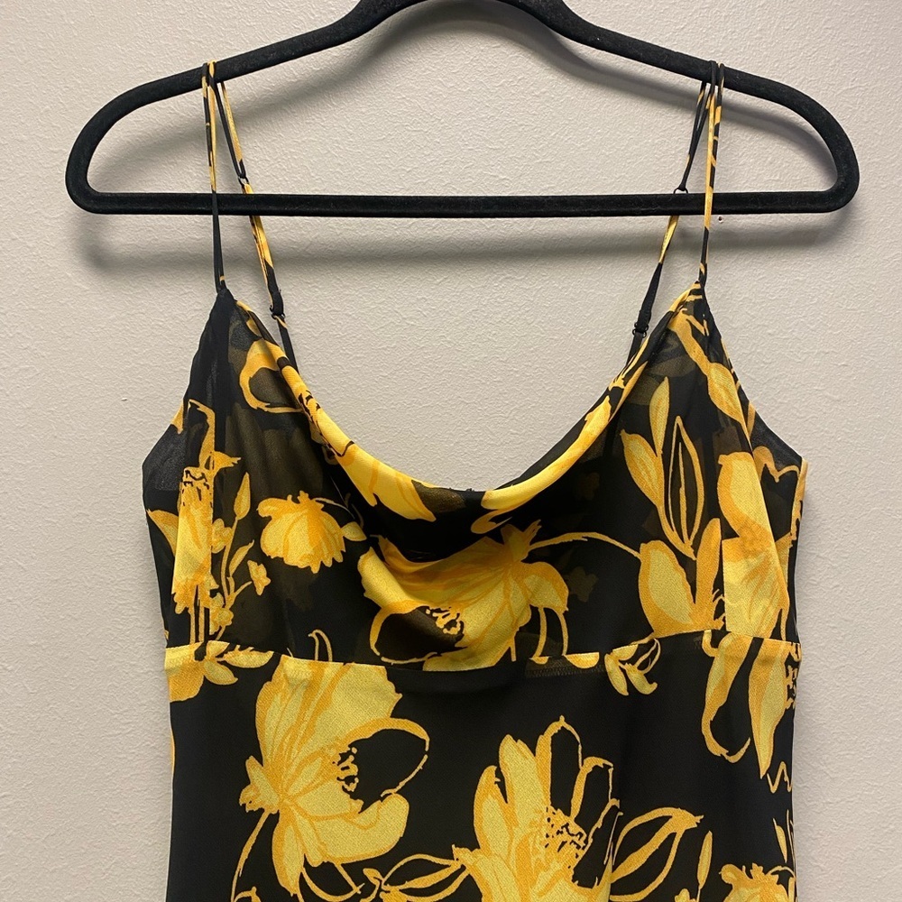 C/MEO On and Off Black and Yellow Floral Print Asymmetrical Midi Dress Sz Large - Picture 8 of 15